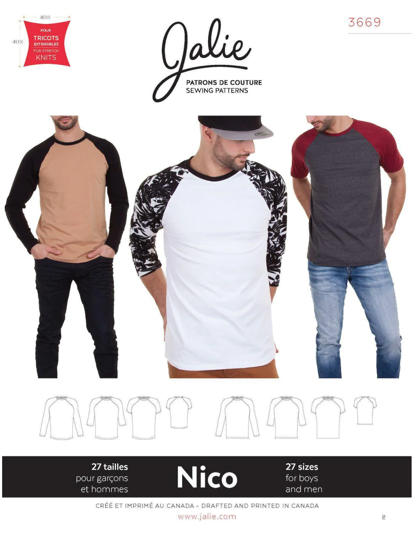 T-shirts raglan pour garçons et hommes Nico 3669 - Patron papier Jalie